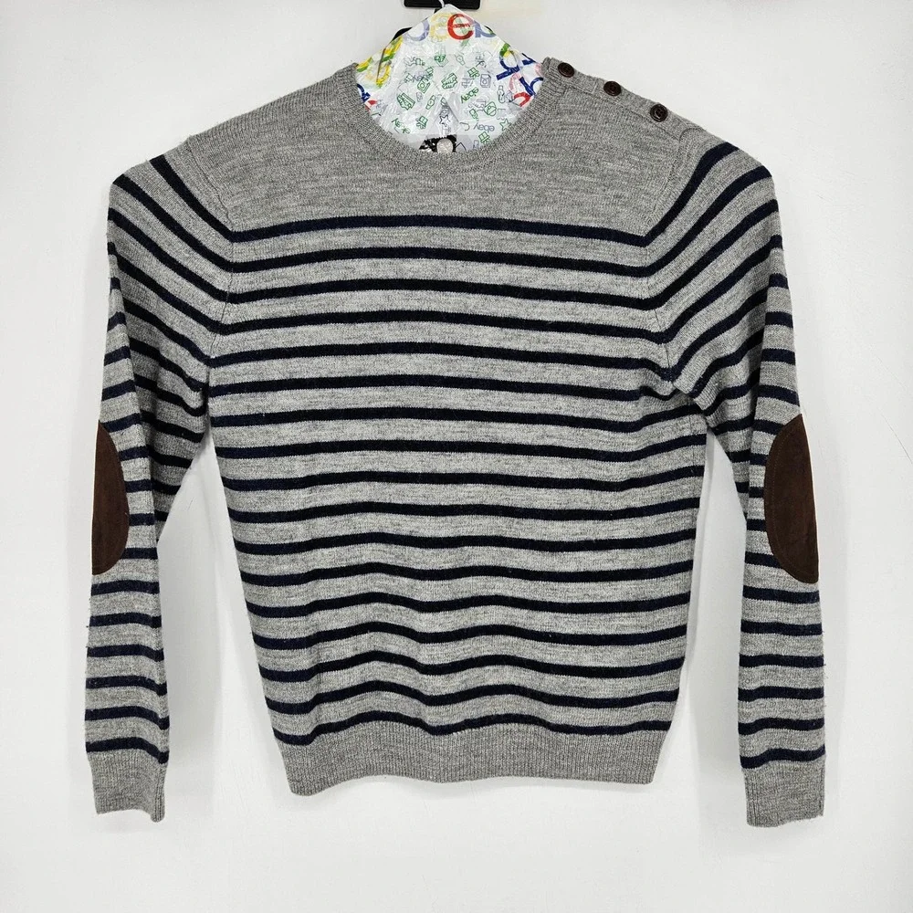 J‎ Crew Sweater Mens XL Merino Wool Gray Striped Elbow Patch Casual Preppy